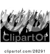 Clipart Illustration Of Rows Of Black And Gray Silhouetted People Holding Their Hands Up In A Crowd At A Music Concert by KJ Pargeter #COLLC28291-0055