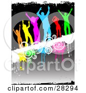 Poster, Art Print Of Group Of Six Diverse And Colorful Silhouetted People Dancing On A White Grunge Text Bar With Drips And Circles Over A Gradient Background