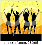 Poster, Art Print Of Group Of Four Silhouetted Men And Women Dancing Over An Orange And Yellow Background Of Music Notes