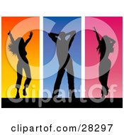 Poster, Art Print Of Black Silhouetted Man And Two Women Dancing Over Orange Blue And Pink Backgrounds