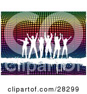 Poster, Art Print Of Group Of Six White Silhouetted People Dancing On A White Grunge Text Bar Over A 3d Colorful Disco Ball Background