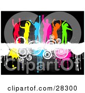 Poster, Art Print Of Group Of Six Colorful Silhouetted Men And Women Dancing On Top Of A White Grunge Text Bar On A Background Of Circles And Dripping Paint Over Black