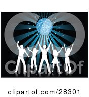 Poster, Art Print Of Five White Silhouetted People Dancing With Their Arms Up Under A Disco Ball With A Bursting Blue Background