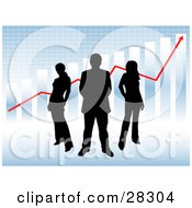 Poster, Art Print Of Black Silhouetted Businessman And Two Women Standing Against A Blue Background With A Bar Graph Grid And Red Arrow