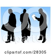 Poster, Art Print Of Three Black Silhouetted Businessmen Carrying Briefcases Walking Away And Reading Papers Over A Blue Background