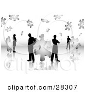 Clipart Illustration Of Black Silhouetted Business Men And Women Standing On A Reflective Surface Surrounded By Puzzle Pieces Symbolizing Problem Solving Teamwork And Solutions by KJ Pargeter