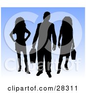 Poster, Art Print Of Black Silhouetted Businessman And Two Women Standing Against A Gradient Blue Background