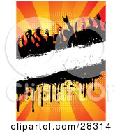 Clipart Illustration Of A Silhouetted Crowd At A Party Dancing Over A Blank White Text Bar With Dripping Grunge Over A Bursting Orange Background