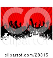 Clipart Illustration Of A Silhouetted Black Audience Waving Their Arms In The Air Over A Bursting Red Background With White Grunge Along The Bottom