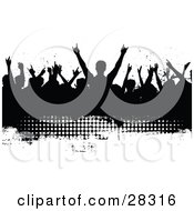 Clipart Illustration Of A Silhouetted Black Audience Waving Their Arms In The Air On A Black Grunge Text Box With White Dots And A White Background