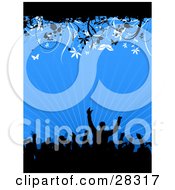 Poster, Art Print Of Black Silhouetted Party Crowd With Their Arms In The Air Dancing Over A Bursting Blue Background With White And Black Butterflies And Vines