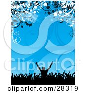 Clipart Illustration Of A Black Silhouetted Party Crowd With Their Arms In The Air Over A Blue Background Of Vines And Flowers