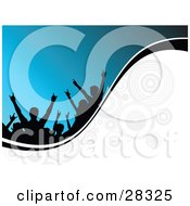 Clipart Illustration Of Black Silhouetted People In An Audience Holding Their Arms Up Over A Blue Background On A White Wave With Circles And A Black Line