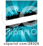 Clipart Illustration Of A Silhouetted Crowd At A Party Dancing Over A Blank White Text Bar With Dripping Grunge And Vines Over A Bursting Blue Background