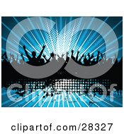 Clipart Illustration Of A Silhouetted Crowd Of People Dancing Over A Black Text Box With A Bursting Blue Star Background