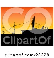 Poster, Art Print Of Industrial Building With Power Lines And Satellites Against An Orange Sunrise Or Sunset