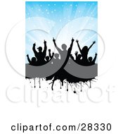Clipart Illustration Of A Silhouetted Black Audience On A Dripping Black Grunge Text Bar With A Divided Blue Background With Bursting Stars And A White Section