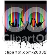 Clipart Illustration Of A Silhouetted Black Audience Waving Their Arms In The Air On A Dripping Black Grunge Text Box Over A White And Colorful Rainbow Background