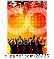 Poster, Art Print Of Silhouetted Party Crowd With Their Arms In The Air Dancing Over An Orange Background Of Lines And Vines