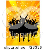Poster, Art Print Of Silhouetted Crowd Of People Dancing Over A Black Text Box With A Bursting Orange Starry Background