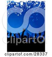 Poster, Art Print Of Black Silhouetted Party Crowd With Their Arms In The Air Over A Blue Bursting Background With White Vines At The Top