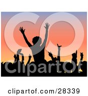 Clipart Illustration Of A Silhouetted Black Audience Waving Their Arms In The Air Over A Gradient Blue And Pink Background