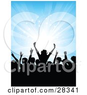 Poster, Art Print Of Black Silhouetted Audience Dancing Over A Bursting Blue Background With White Stars