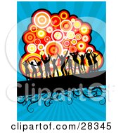 Poster, Art Print Of Eleven Black Silhouetted Dancers On A Black Text Bar With Vines In Front Of A Cluster Of Colorful Circles On A Bursting Blue Background