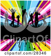Poster, Art Print Of Seven Black Silhouetted Dancers In Grass On A Black Grunge Text Bar Over A Bursting Rainbow Background