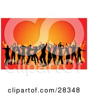 Clipart Illustration Of A Crowd Of Black Silhouetted Dancers Over A Red And Orange Bursting Background