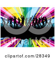 Poster, Art Print Of Fourteen Black Silhouetted Dancers In Grass On A Black Grunge Text Bar Over A Bursting Rainbow Background