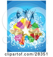 Poster, Art Print Of Three Leaping Dancers Silhouetted Over A Cluster Of Colorful Stars White Circles And A Blue Background