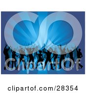 Clipart Illustration Of A Crowd Of Black Dancers Silhouetted Over A Bursting Blue Background