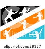 Poster, Art Print Of White Silhouetted Dancers In Black Orange And Blue Stripes