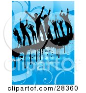 Poster, Art Print Of Eight Black Dancers Silhouetted On A Dripping Grunge Bar Over A Blue Background