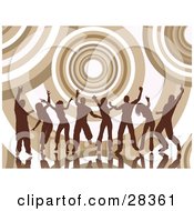 Poster, Art Print Of Group Of Silhouetted Brown Dancers Over A Background Of Giant Circles