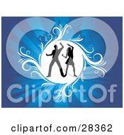 Poster, Art Print Of Dancing Couple Silhouetted In A White Circle Over A Bursting Blue Background