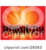 Poster, Art Print Of Black Silhouetted Dancers At A Party Over A Bursting Red And Orange Background
