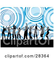 Poster, Art Print Of Nine Black Dancers Silhouetted Against A Background Of Giant Blue And White Circles