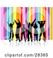 Poster, Art Print Of Group Of Six Black Silhouetted Dancers Over A Vertical Rainbow Background