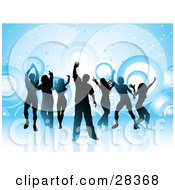 Poster, Art Print Of Gradient Silhouetted Dancers Over A Blue Background With Circles