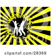 Clipart Illustration Of Two White Silhouetted Dancers In A Black Circle Over A Bursting Black And Yellow Background