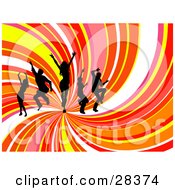 Clipart Illustration Of Five Black Dancers In Silhouetted Over A Spiraling Yellow Pink Orange Red And White Background