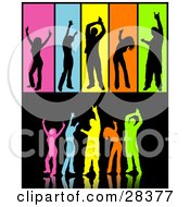 Poster, Art Print Of Group Of Colorful Silhouetted Dancers Over Black Including Separated People In Black Over Colorful Backgrounds