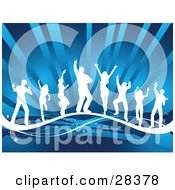 Poster, Art Print Of Group Of White Silhouetted Dancers On A Wave Over A Blue Bursting Background