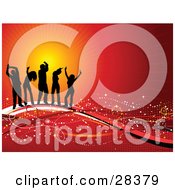 Poster, Art Print Of Five Black Silhouetted Dancers On Waves Of Red And White With Sparkles Over A Bursting Orange And Red Background