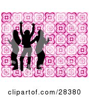 Clipart Illustration Of Three Black Silhouetted Dancers Over A Pink Floral Background