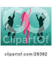 Clipart Illustration Of Pink And Green Silhouetted Dancers Over A Green Background With White Grunge