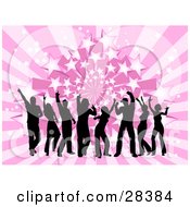Poster, Art Print Of Eight Black Silhouetted Dancers On A Bursting Pink Star Background