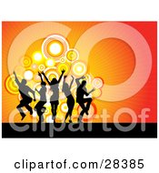Poster, Art Print Of Black Dancers Silhouetted Over A Bursting Orange And Red Background With Circles